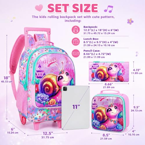 3Pcs Rolling Backpack for Girls, Kids Roller School Backpack with Wheels, Snail Wheeled Bookbag for Elementary Preschool Kindergarten(Pink) - color: Snail Pink