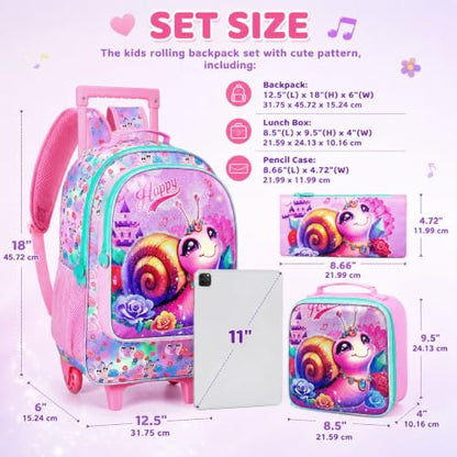 3Pcs Rolling Backpack for Girls, Kids Roller School Backpack with Wheels, Snail Wheeled Bookbag for Elementary Preschool Kindergarten(Pink) - color: Snail Pink