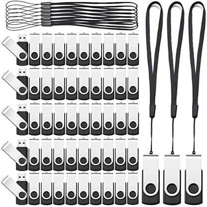 Aoriher 50 Pack USB 2.0 Flash Drives Bulk, Portable USB Thumb Drives with Lanyards, Swivel Flash Drives Thumb Drives for Office School Data Storage(Black,4gb) - size: 4GB