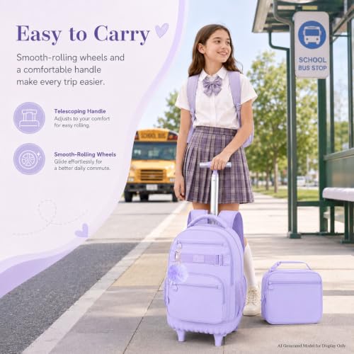 HPJGD 3PCS Rolling Backpack for Girls, Womens Purple School Backpacks with Wheels, Water Resistant Roller Kids Wheeled Bookbag Set - color: Classic Purple Rolling Backpack Set