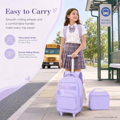 HPJGD 3PCS Rolling Backpack for Girls, Womens Purple School Backpacks with Wheels, Water Resistant Roller Kids Wheeled Bookbag Set - color: Classic Purple Rolling Backpack Set