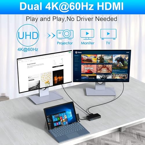 Quanlex Dual HDMI+VGA Dock Works Devices - 12-in-1 Triple Display Docking Station for Pro (12/11/10/9/8/X/7/6/5/4), Laptop, Go, Book