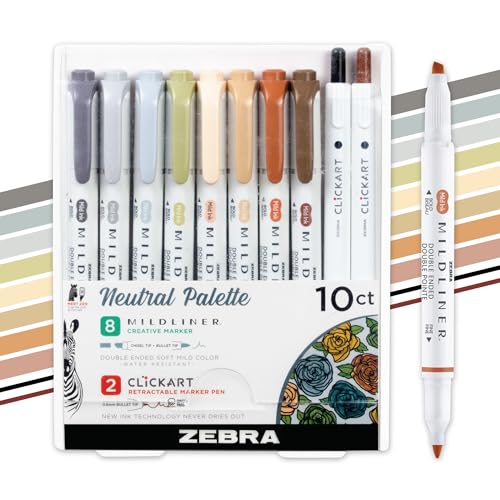 Zebra Pen Mildliner Dual-Tip Highlighters and 2 CLiCKART Markers, No Bleed, Ideal for Bible Highlighting, Journaling, Note-Taking and School Supplies, Neutral Vintage Ink Colors, 10-Pack (78601) - color: Neutral Vintage C, size: 1 Count (Pack of 10)