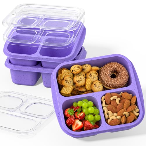 Snack Boxes (3 Pack) - Stackable Bento Boxes with 3 Compartments, Meal Prep Containers Reusable, Lightweight Lunch Containers for Kids and Adults, BPA Free (Purple) - color: Purple