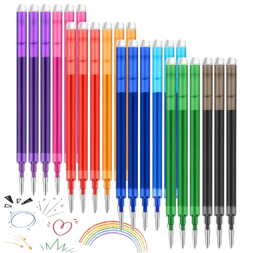 24 pcs 0.7 mm Erasable Gel Ink Pen Refills Compatible with FriXion Friction, Multicolor Replaceable Medium Fine Point Refills for Erasable Pens Smooth Writing Fast Dry for School Office, 8 Colors