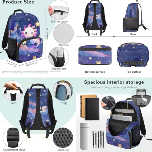 Starry Axolotl School Backpack and Lunch Bag Set, 4 Pieces Comfortable Daypack with Pencil Case & Water Bottle Holder for 3rd-7th Grade Students Daily School Use - color: Starry Axolotl Print