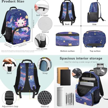 Starry Axolotl School Backpack and Lunch Bag Set, 4 Pieces Comfortable Daypack with Pencil Case & Water Bottle Holder for 3rd-7th Grade Students Daily School Use - color: Starry Axolotl Print