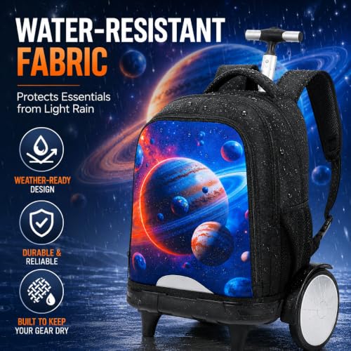 AGSDON Quiet Rolling Backpack with Lunch Box Set – Large‑Wheel Water‑Resistant Wheeled Bag for School, Outings, and Travel | Galactic Earth 3‑Piece Organizer Backpack - color: Big Wheel Rolling Backpack Galactic Earth