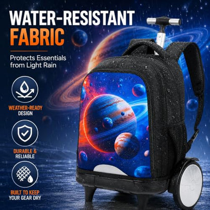 AGSDON Quiet Rolling Backpack with Lunch Box Set – Large‑Wheel Water‑Resistant Wheeled Bag for School, Outings, and Travel | Galactic Earth 3‑Piece Organizer Backpack - color: Big Wheel Rolling Backpack Galactic Earth