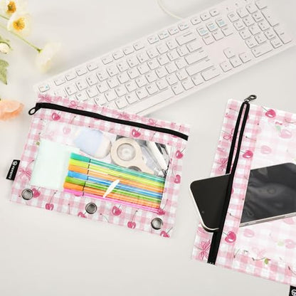 Custom Binder Pencil Pouches Personalized Bow and Cherry Pen Case | Clear Window 3 Rings, Cosmetic Bags School Office Supplies Cosmetic Makeup Bag 2 Psc - color: Custom-pink Bows
