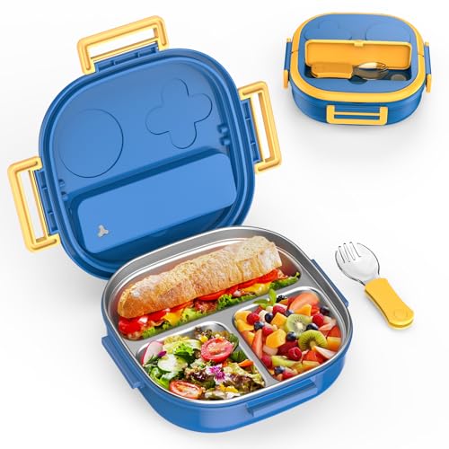 PEDECO Stainless Steel Kid Bento Box,Leak-Proof,3-Compartment,Lunch Box with Portable Cutlery-Ideal Portion Sizes for Ages 3 to 8,Dishwasher Safe,Food-Safe Materials,BPA-Free(Blue) - color: Stainless Steel-3-Compartment(Blue), size: Big