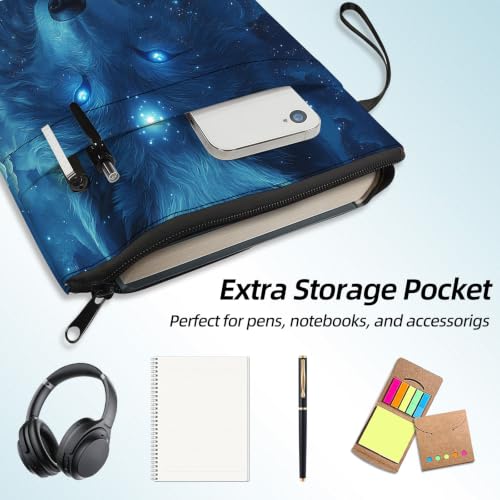 Padded Book Sleeve with Zipper & Front Pocket, Fabric Book Cover | Mystic Blue Wolf Glowing11.4"x8.7" Washable Canvas Pouch for Hardcovers, Tablets & Reading Accessories - color: Mystic Blue Wolf Glowing