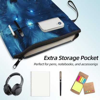 Padded Book Sleeve with Zipper & Front Pocket, Fabric Book Cover | Mystic Blue Wolf Glowing11.4"x8.7" Washable Canvas Pouch for Hardcovers, Tablets & Reading Accessories - color: Mystic Blue Wolf Glowing