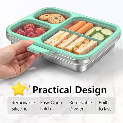 HOMEKOL Stainless Steel Bento Lunch Box 3-Compartment, 4.2Cups, Green | Leak-Proof Metal Lunch Container for Kids & Adults, BPA-Free, Dishwasher Safe, Clear Tritan Lid, 1000ml (Not Insulated) - color: Green, size: 34oz (1000ml)