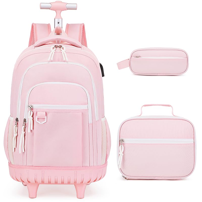 DIGOBAY Rolling Backpack for Girls, Cute Girls Backpack with Wheels, Kids Wheeled backpacks Set with Lunch Bag Pencil Case for Teen Girl, Roller School Bag with Wheels for Elementary Middle School - color: Pink