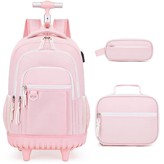 DIGOBAY Rolling Backpack for Girls, Cute Girls Backpack with Wheels, Kids Wheeled backpacks Set with Lunch Bag Pencil Case for Teen Girl, Roller School Bag with Wheels for Elementary Middle School - color: Pink