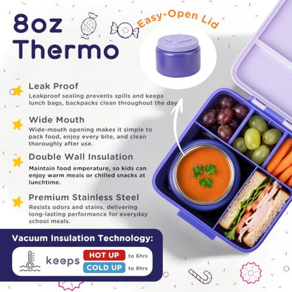 Bento Lunch Box for Kids with 8oz Thermo Containers for School,Camping | Vacuum Insulated Food Jar,Leakproof Silicone-Seal,5 Compartments with Dividers,Dishwasher & Refrigerator Safe,BPA-Free - color: Purple