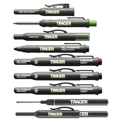 Tracer 8 Piece Construction Marker Kit - Deep Hole Carpenter Pencil Set, 2 Deep Hole Marking Pen, and Four Heavy Duty Clog-Free Markers, 2.8mm Replacement Leads & Storage Case for Woodworking Tools - style: 8pc Set