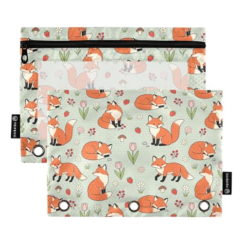 Forest Fox Pencil Pouches for 3 Ring Binder, Zipper Binder Pencil Case, 2 Pack Clear Window Case Bag for Office Organizers - color: Forest Fox