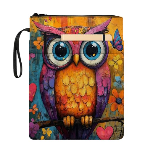 Padded Book Sleeve with Zipper & Front Pocket, Fabric Book Cover | Colorful Psychedelic Owl Art11.4"x8.7" Washable Canvas Pouch for Hardcovers, Tablets & Reading Accessories - color: Colorful Psychedelic Owl Art