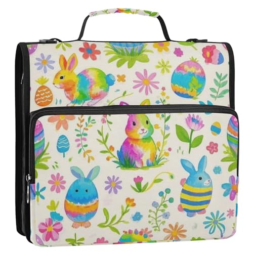 Rabbit Easter Eggs Colorful Flowers and Green Leaves Zipper Binder 3 Ring 1.5 Inch School Binder Organizer with Shoulder Strap Handle File Folder Pockets Large Capacity Students Girl Boy Men - color: Pink Blue Yellow Green Purple Orange White