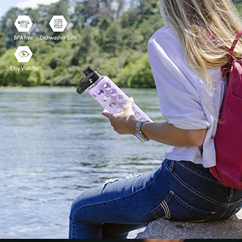 MUKOKO 24oz Glass Water Bottle, Purple | Glass Tumbler with Straw, Drinking Bottles with 2 Lids-Handle Spout Lid & Bamboo Straw Lid, Silicone Sleeve, 1 Pack - color: Purple, size: 24 Ounces