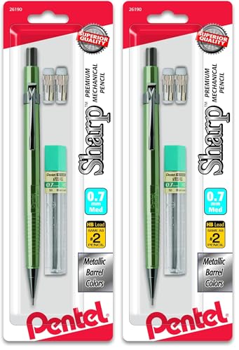 Pentel Sharp Mechanical Pencil, 0.7mm Metallic Barrels, Refill Eraser (P207MLEBP)[Assorted color] (Pack of 2) - size: 1 Count (Pack of 2)