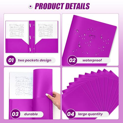Yeaqee 60 Pcs Plastic Folders with Pockets and Prongs Plastic Folder 2 Pockets 3 Prongs with Business Card Slot Back to School Folders for Students, Teachers, Office Workers (Neon Purple) - color: Neon Purple