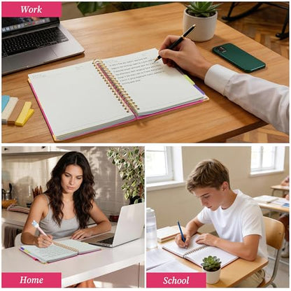 Hardcover Spiral Notebook Journal with Removable Dividers Tabs, 5 Subject Notebooks for Work School, 300 pages 8"x10" B5 leather Journal College Ruled, Cute Journal for women, Rose - color: Rose