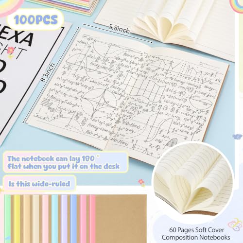Handepo 100 Pack A5 Composition Notebooks Bulk 5"x8" Wide Ruled Soft Cover Journals, 60 Pages Composition Notebooks Bulk School Supplies for Students Classroom Office - color: Fresh Macaron, size: A5