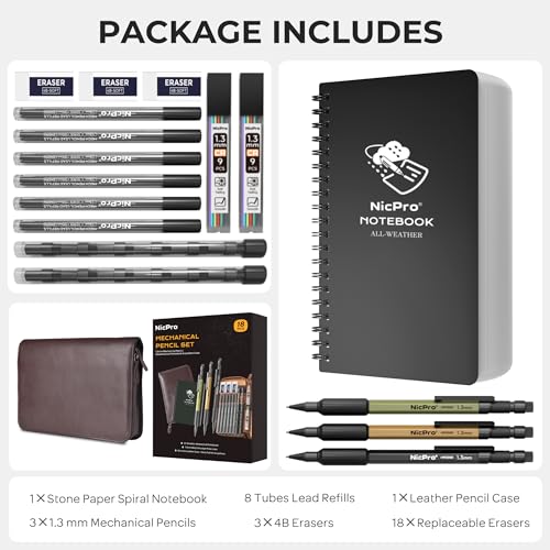 Nicpro 1.3mm Mechanical Pencil Set in Leather Bag with Waterproof Field Notebooks, 3PCS Metal Heavy Duty Carpenter Pencil with Lead Refill & Eraser for Outdoor Journal Travel Drafting Drawing - color: Multicolor with Notebook