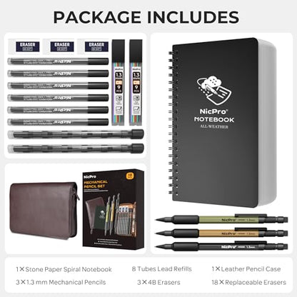 Nicpro 1.3mm Mechanical Pencil Set with Waterproof Field Notebooks | 3PCS Metal Heavy Duty Carpenter Pencil with Leather Bag,Lead Refill & Eraser for Outdoor Journal Travel Drafting Drawing