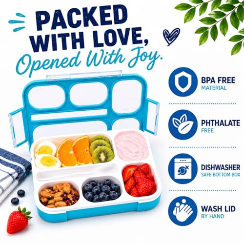 Bento Box Lunch-Box for Kids Adults, Snackle Box Snack Containers for Toddlers Daycare, Leakproof School Bentobox, 6 Section Meal Container for Boys Girls Women Lunches, BPA Free Utensils, Blue - color: Blue
