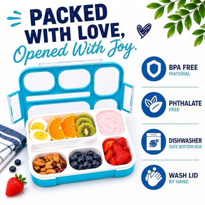 Bento Box Lunch-Box for Kids Adults, Snackle Box Snack Containers for Toddlers Daycare, Leakproof School Bentobox, 6 Section Meal Container for Boys Girls Women Lunches, BPA Free Utensils, Blue - color: Blue