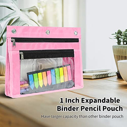 YoeeJob 2 Pack 1 Inch Expandable Zipper Pencil Pouches with Clear Window for 3 Ring Binder, Suitable for School & Office (Grey+Pink) - color: Grey+pink