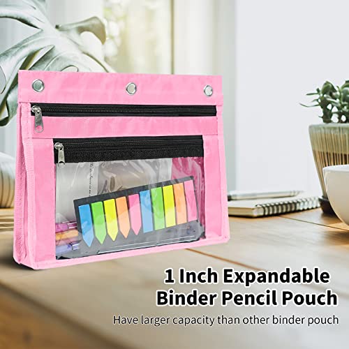 YoeeJob 2 Pack 1 Inch Expandable Zipper Pencil Pouches with Clear Window for 3 Ring Binder, Suitable for School & Office (Pink) - color: Pink