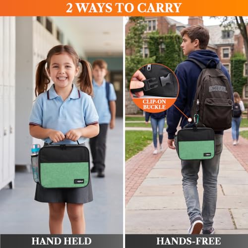 opux Insulated Lunch Bag for Kids, Reusable Lunch Box for School with Leakproof Lining, Compact Soft Cooler Tote for Boys & Girls, Front Pocket, Mesh Side Bottle Holder (Heather Green) - color: Heather Green