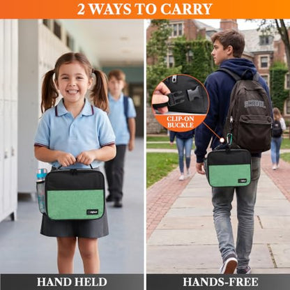 opux Insulated Lunch Bag for Kids, Reusable Lunch Box for School with Leakproof Lining, Compact Soft Cooler Tote for Boys & Girls, Front Pocket, Mesh Side Bottle Holder (Heather Green) - color: Heather Green