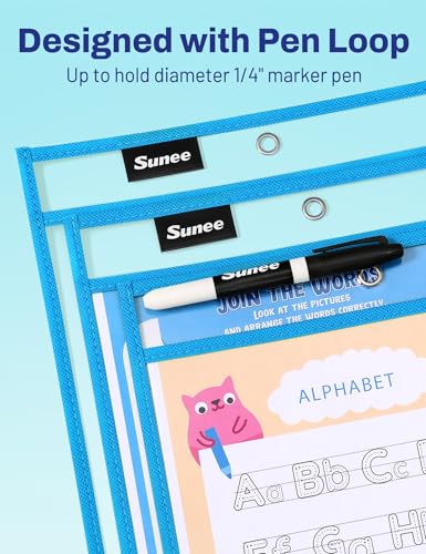 SUNEE 6 Packs Oversized Reusable Dry Erase Pocket Sleeves with Ring, Blue 10x14 Ticket Holders, Clear Plastic Sheet Protectors, Teacher School Classroom Supplies - color: Blue, style: 6 Pack