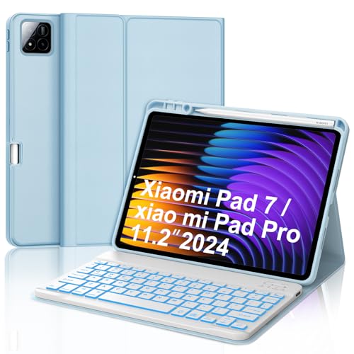 IVEOPPE Keyboard Case for Xiaomi Pad 8/8 Pro/Pad 7/7 Pro 11.2 Inch Backlit | 7 Color Backlit, Magnetic Detachable Wireless Bluetooth Keyboard, Pencil Holder, Stain Resistant Cover, Rechargeable - color: Sky Blue2