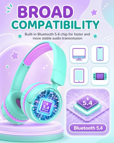 Kids Bluetooth Headphones, 80H Playtime Lightweight Wireless Headphones for Kids, 85/94dB Safe Volume Limit, Bluetooth 5.4, Built-in Mic kids headphones for School, Travel, iPad, Tablet（Green） - color: Greenpurple