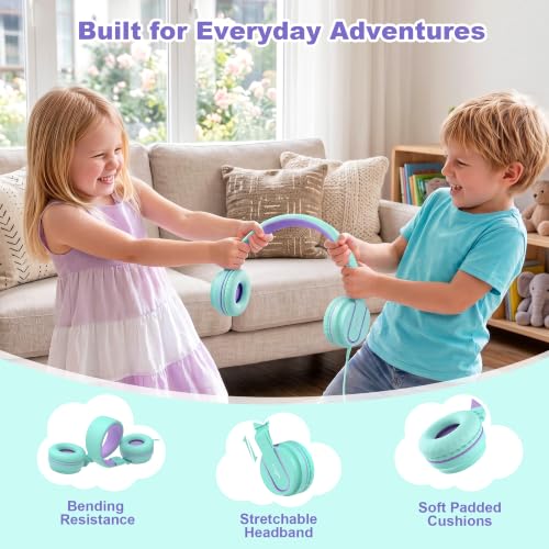 Kids Headphones, AILIHEN I35 On-Ear Headphones for School, 93dB HD Mic Stereo Headphone for Kid Girls Children, Foldable Wired 3.5mm for Chromebook, Laptop, Computer, Tablet (Green Purple) - color: Blue