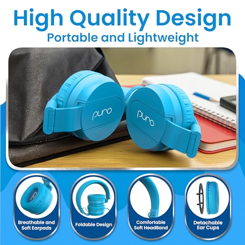 Puro Sound Labs Kids Wired Headphones – Volume-Limiting & Adjustable, Safer & Comfortable Headphones for Kids – Compatible with PCs, Smartphones & Tablets, Ideal for School & Travel – PuroBasic, Blue - color: Blue