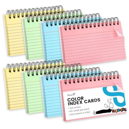 Koogel Spiral Index Cards 3x5 Ruled, Multicolor Spiral Bound FlashCards with Waterproof Cover, Tear-Off Note Cards with Ring for Studying, School & Office, 400 Count (5 Packs of 80) - color: 4 colors