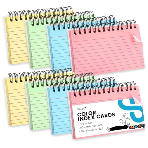 Koogel Spiral Index Cards 3x5 Ruled, Multicolor Spiral Bound FlashCards with Waterproof Cover, Tear-Off Note Cards with Ring for Studying, School & Office, 400 Count (5 Packs of 80) - color: 4 colors