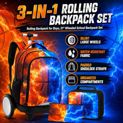 AGSDON Quiet Rolling Backpack with Lunch Box Set – Large‑Wheel Water‑Resistant Wheeled Bag for School, Outings, and Travel | Fire-Lightning Basketball 3‑Piece Organizer Backpack - color: Big Wheel Roller Bookbag Fire-lightning Basketball