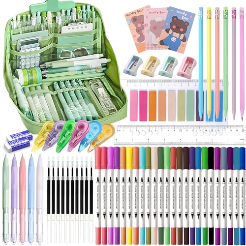 Ristpal 56 PCS Aesthetic School Supplies with Large Pencil Case, 24 Double Brush Marker Pens, 5 Black Ink Gel Pens, 6 Macaron Pencils, 4 Sharpeners, Sticky Notes, Ruler, Erasers, Stationery Gift - color: Green