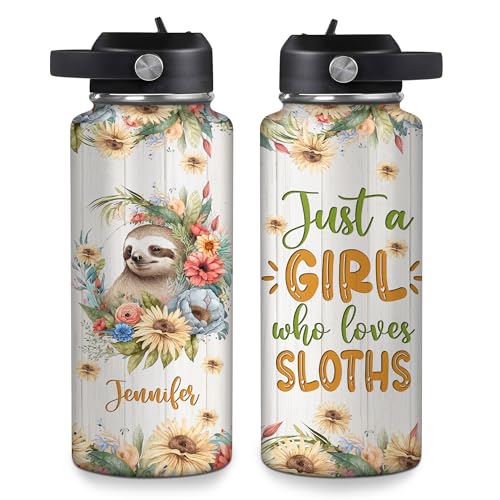 Hyturtle Personalized Sloth Water Bottle - Custom Name Insulated Stainless Steel Bottle with Leak-Proof Lid 18oz 32oz - Animal Lover Gift for Women Girls Sloth Lovers - Birthday & Christmas Gift - color: Sloth