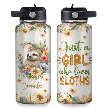 Hyturtle Personalized Sloth Water Bottle - Custom Name Insulated Stainless Steel Bottle with Leak-Proof Lid 18oz 32oz - Animal Lover Gift for Women Girls Sloth Lovers - Birthday & Christmas Gift - color: Sloth