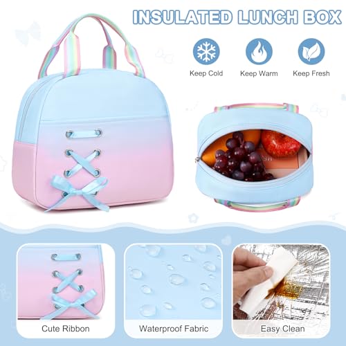 Scothen Backpack for Girls with Bento Lunch Box Set, School Bag Bookbag for Teens Girls Kids Student, 43oz Lunch Containers Lunchbox, Insulated Lunch Bag & Pencial Case, Back to School Gifts - color: Blue Pink